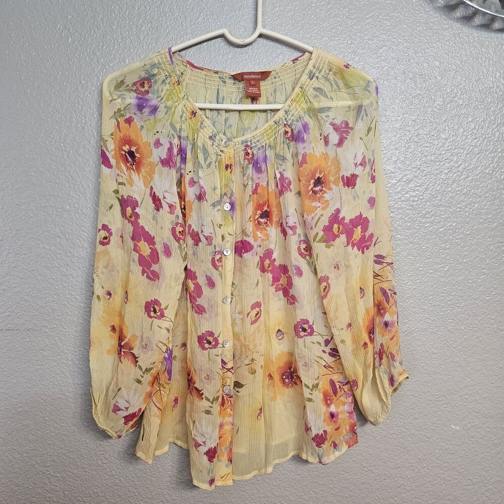 Sundance 100% Silk Floral Peasant Blouse Women’s Large Boho Cottagecore Top F093
